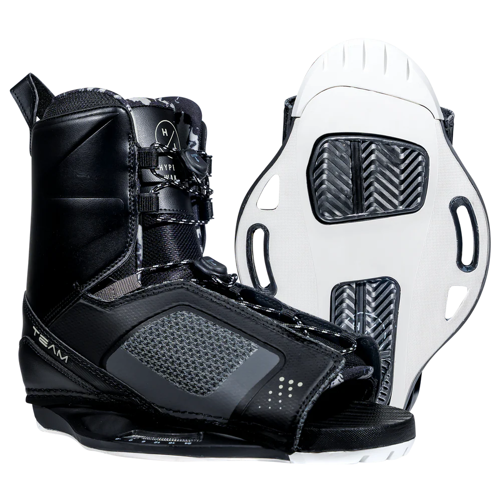 Black and white wakeboard boot with bindings